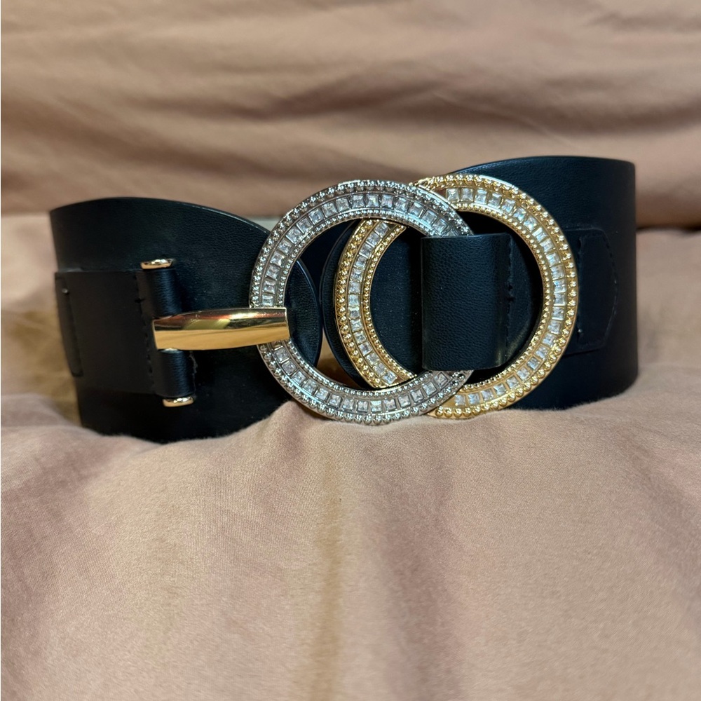 Black Leather Double-Ring‎ Rhinestone Interlock Stretch Belt Chic Western Glam